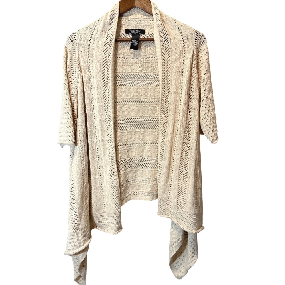 Crystal Kobe 100% Cotton Beige Crochet Open Front Cable Knit Cardigan Size Large